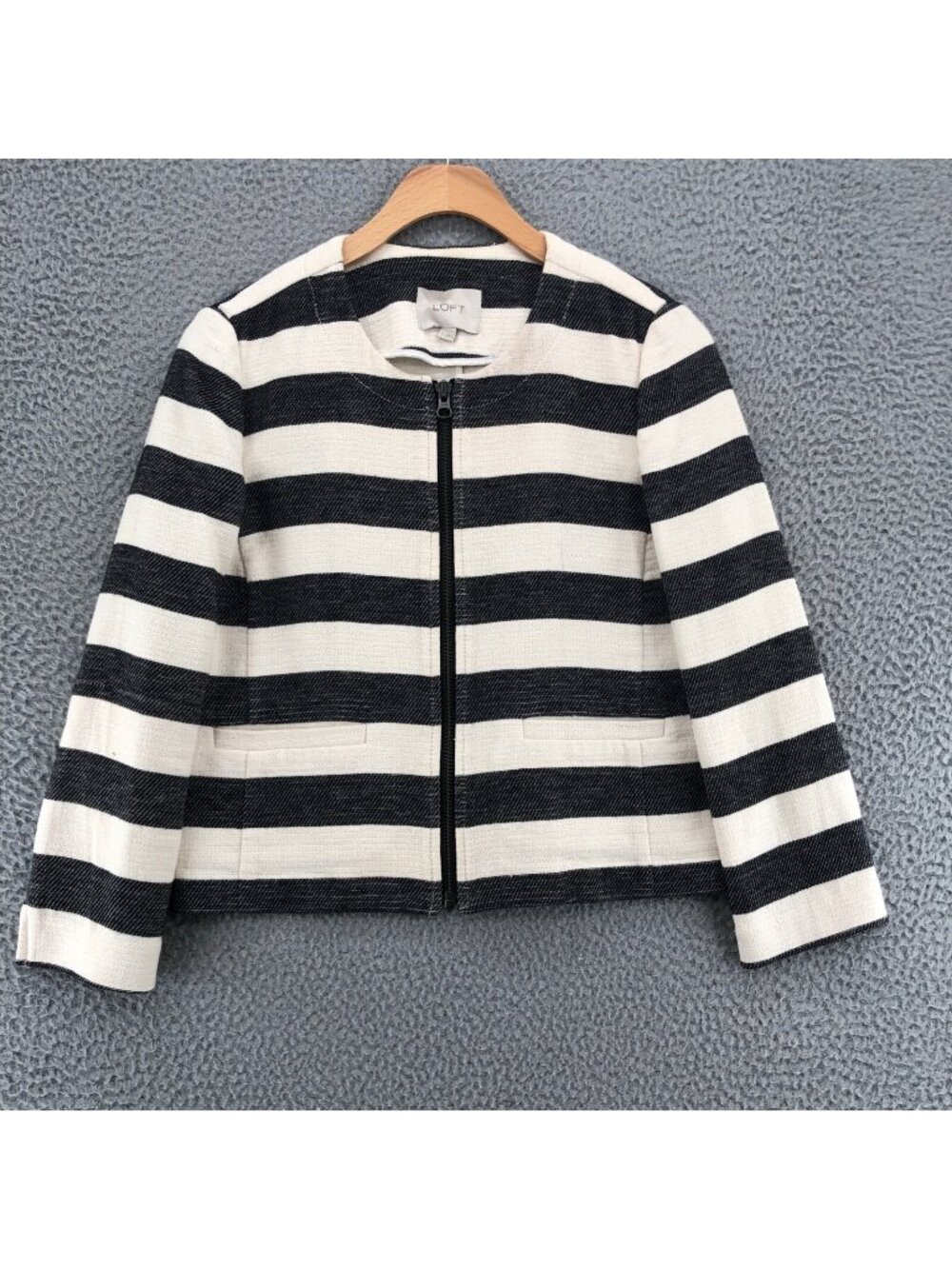 LOFT Jacket Womens 0 Ivory Black Stripe Zip Up Pockets Stretch Casual Everyday